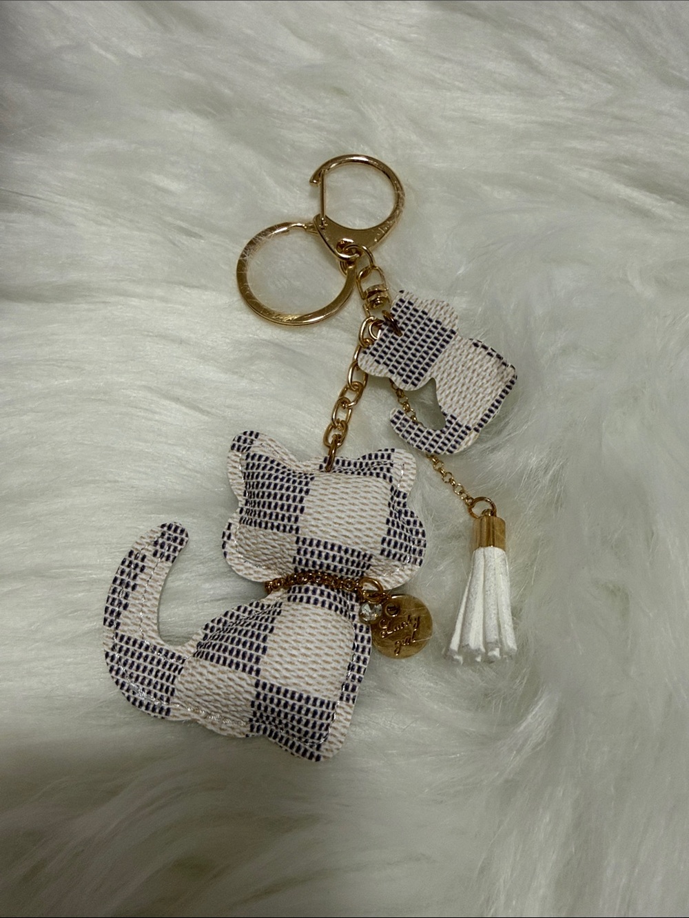 Plaid Cat Keychain Charm with Tassel - White & Black